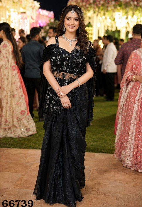 Black Fandy Embroidered Work Contemporary Sari